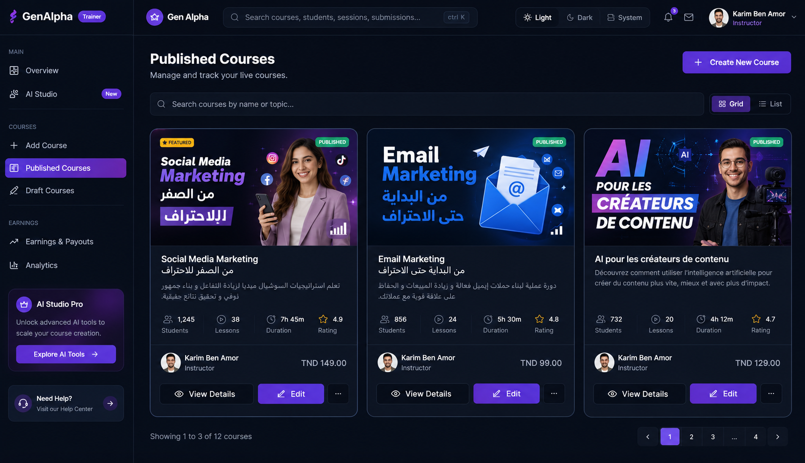 GenAlpha trainer dashboard header with published courses and trainer navigation